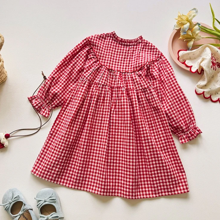 Girls Dress 2026 Spring and Autumn New Children's Clothes Girls Baby Apple Embroidery Stand Collar Bubble Sleeve Plingham Skirt