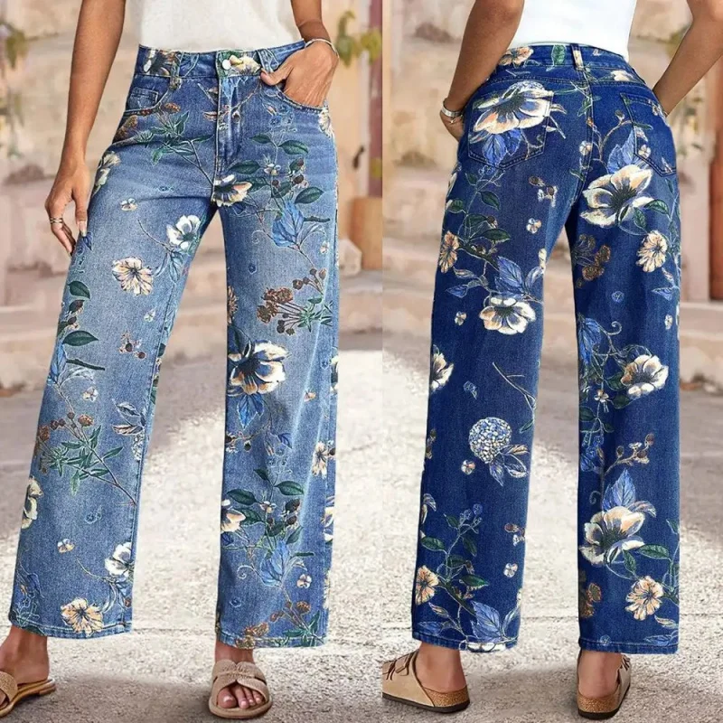 Floral Pattern High Waist Straight Leg Jeans Retro Random Print Loose Wide Leg Denim for Spring/Summer 2026