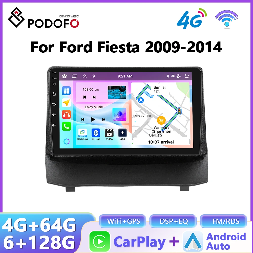 Podofo Draadloze CarPlay Android Auto Autoradio voor Ford Fiesta 2009-2014 Intelligent Autosysteem 6 + 128G WIFI GPS Autostereo - afbeelding 2