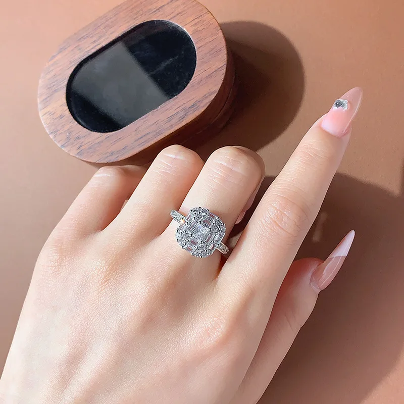 Fashion T Square Diamond 4*6mm Cube Sugar Zircon Ring 925 Silver Set With Classic Row Diamonds Woman's Proposal Party Gift