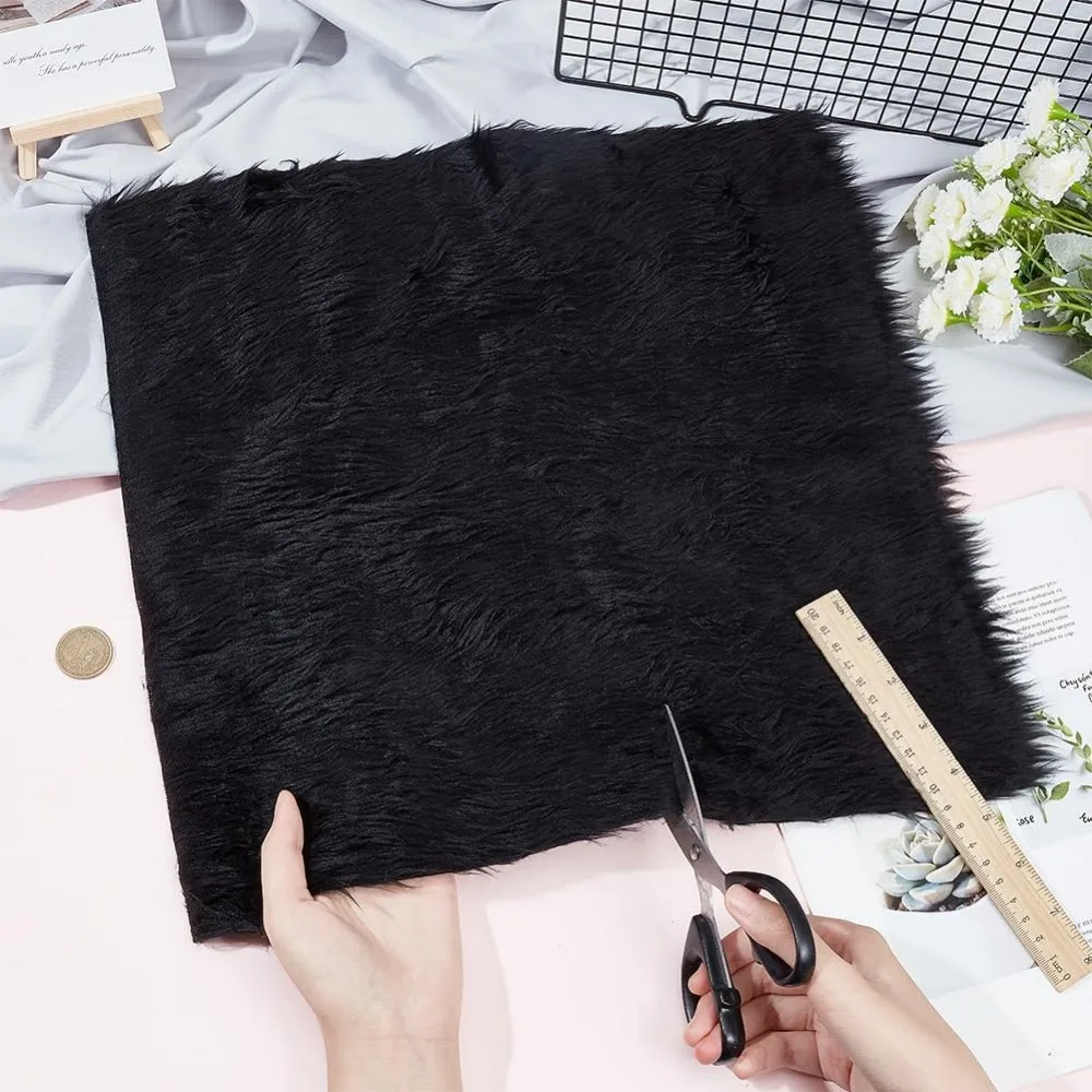 Black Faux Fur Fabric 15.7x15.7 Inch Soft Plush Shaggy Squares Pre-Cut Craft Fur Fabric for Costumes, Rugs, Pillows, Sewing