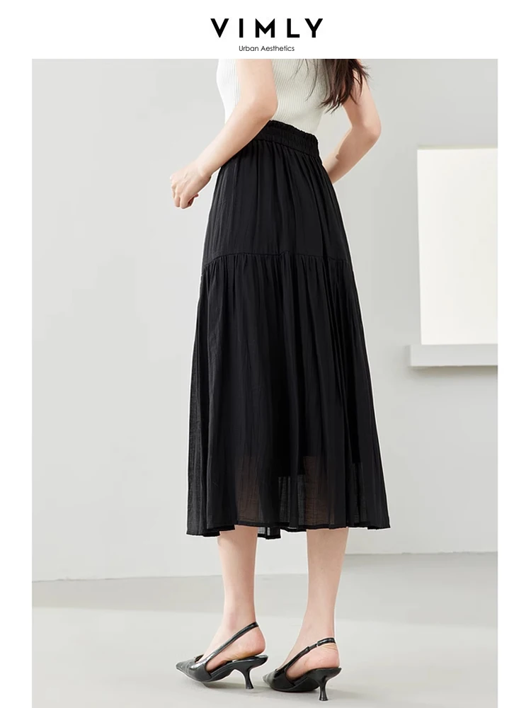 Vimly Black Elegant A-line Women's Midi Skirt 2024 Spring Simple Elastic Waist Solid Thin Female Skirts Women's Clothing M6079