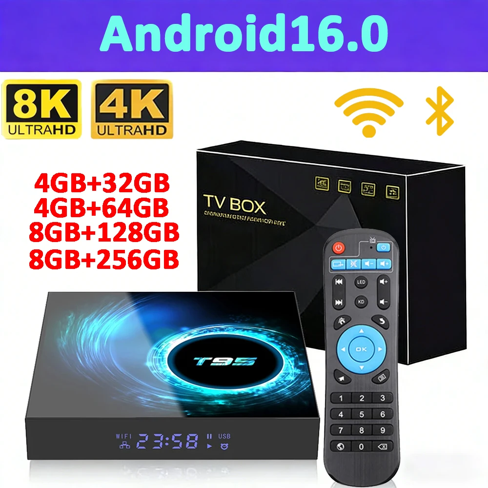 

New T95 Android16 Smart Home Theater TV Box Allwinner H616 8GB RAM 256GB ROM BT 5.4 Netflix Google Ultra HD Smart Media Player