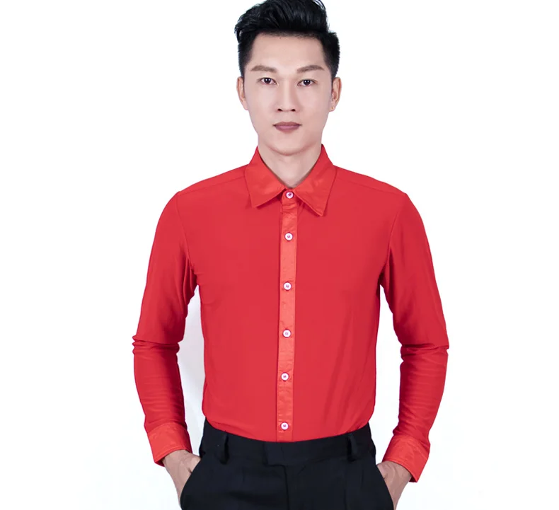 Ropa de baile latino rojo para hombre, ropa de baile de salón, Vals, cuello vuelto, camisas de ropa