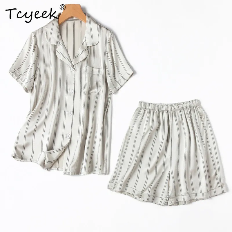 

Tcyeek 100% Real Mulberry Silk Womens Two Peice Sets 21MM Silk Striped Shorts Shirts Women's Home Clothes Summer Shorts Loose