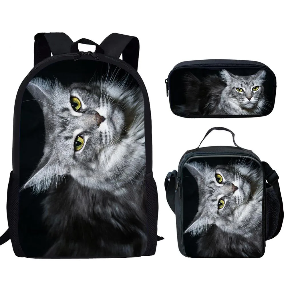 Harajuku Novelty Cool Maine Coon Cat 3D Print 3pcs/Set pupil School Bags Laptop Daypack Backpack Lunch bag Pencil Case