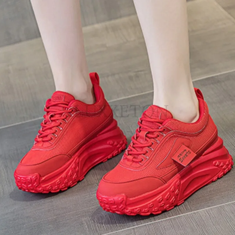 Genuine Leather Thick Sole with Round Toe Sponge Cake Sole Dad Shoes Breathable Mesh Surface Fashionable Versatile Sports Shoes