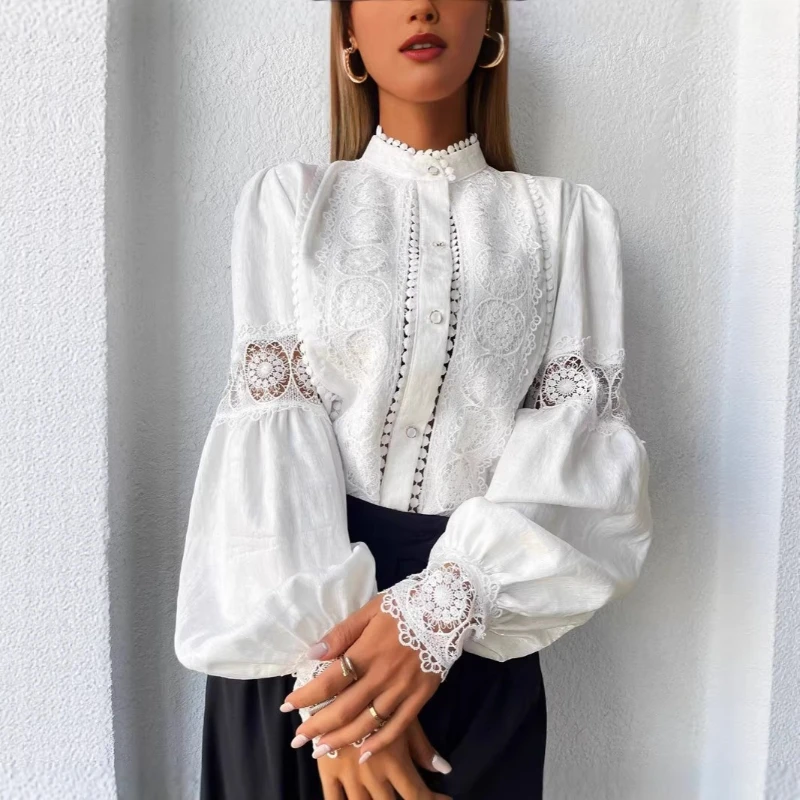 New White Lace Blouses Women Elegant Solid Casual Lace and Button Hook Flower Hollow Puff Sleeves Blouse Top Lady Office Shirts