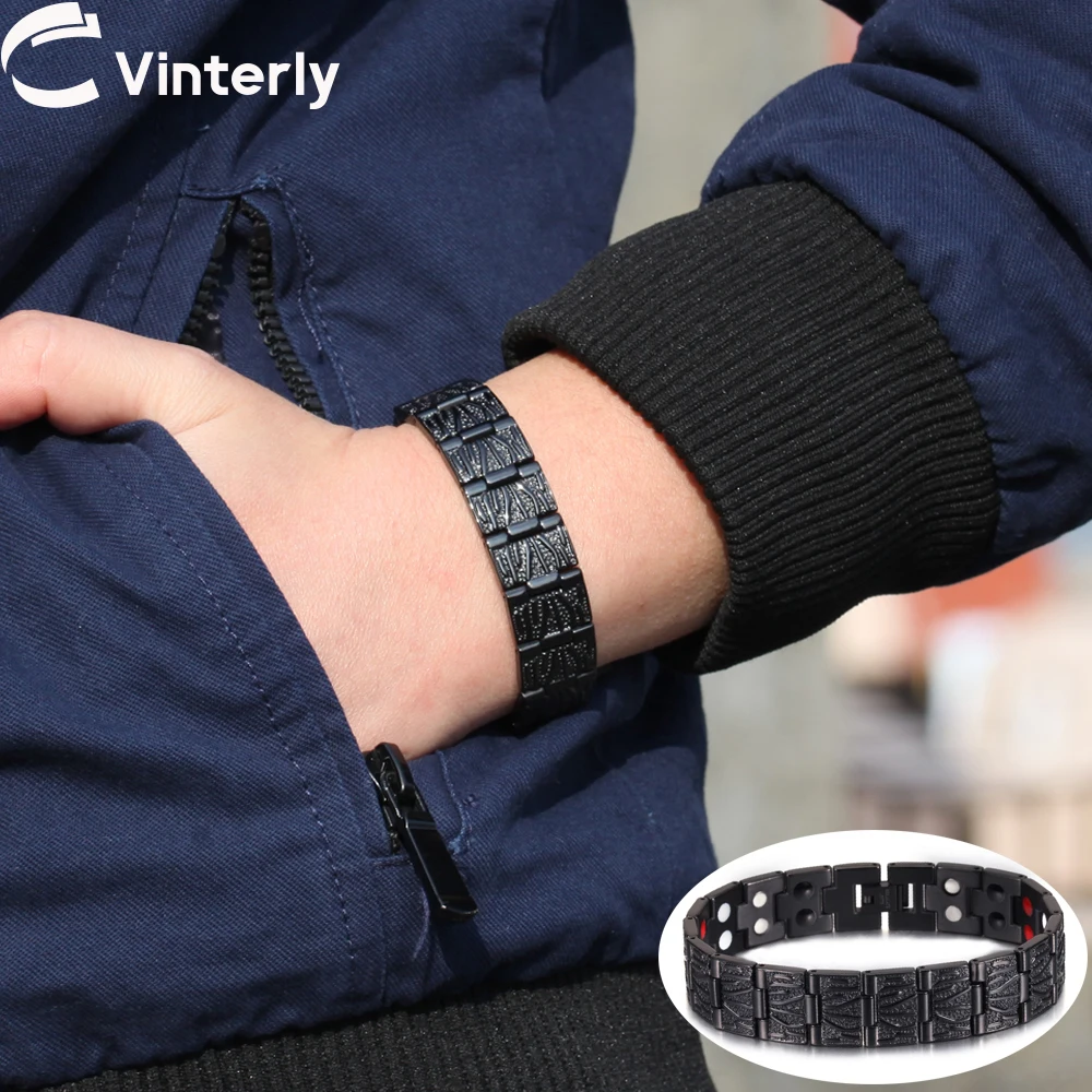 Vinterly Black Magnetic Bracelet for Men 15mm Luxury Stainless Steel Male High Magnet Health Energy Germanium Jewelry Benefits