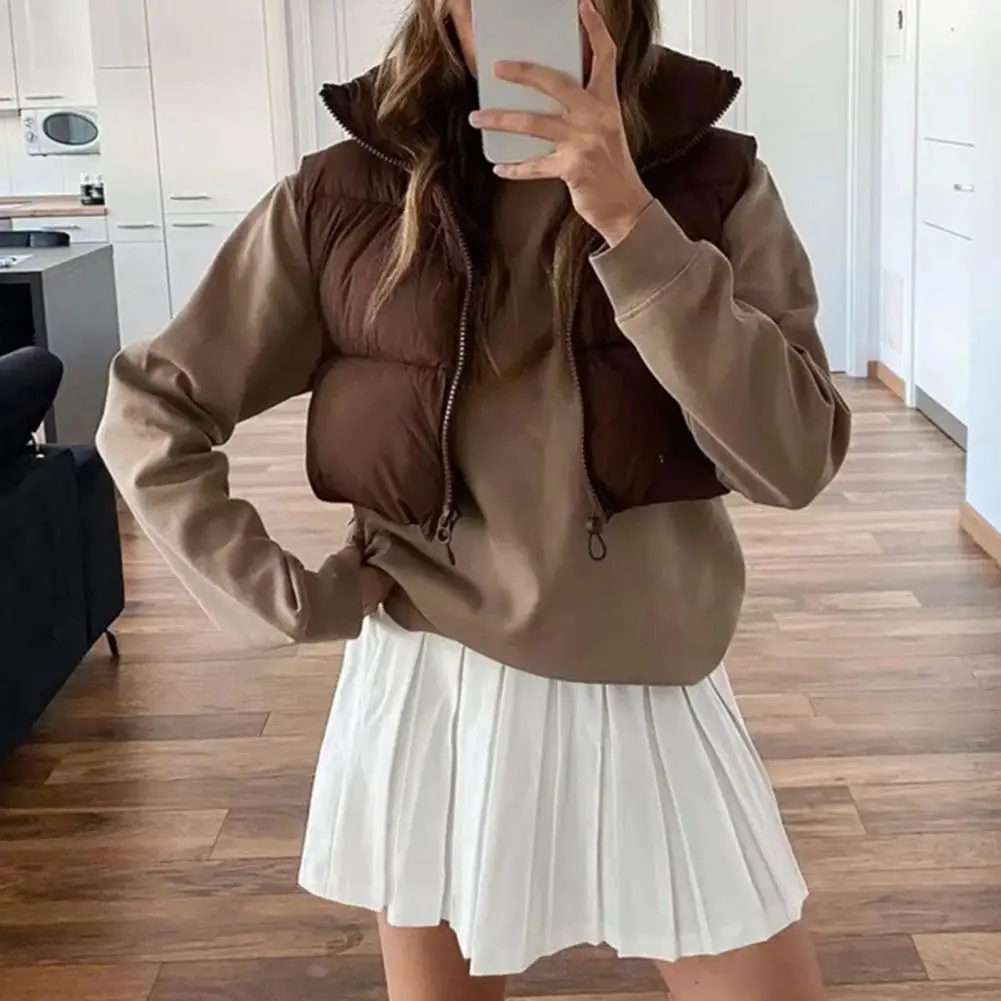 Women Winter Cotton Vest Coat Short Solid Color Sleeveless Thickened Padded Stand Collar Zipper Closure Windproof Cold Resistant