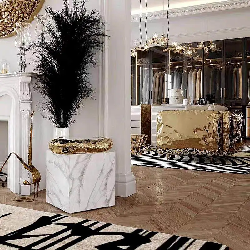 *Luxury Modern Marble Small Coffee Table High - End Rotate Square Golden Stainless Steel Top an Accent Corner Table