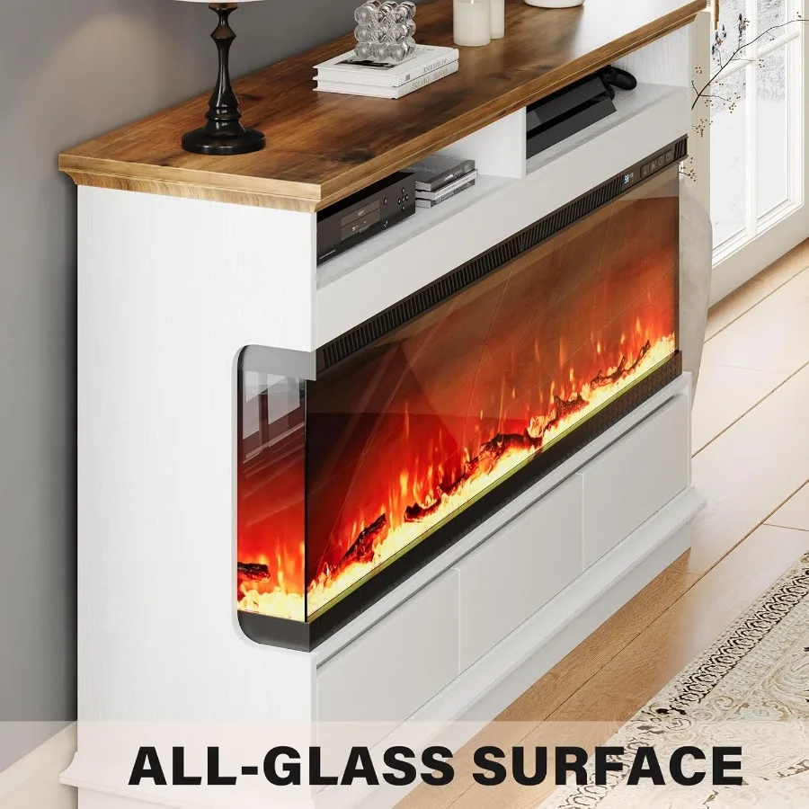 Rak TV Perapian 4 EVER WINNER dengan Perapian Listrik 50 inci, Pusat Hiburan Perapian dengan 3 Sisi Kaca dan 3 Laci