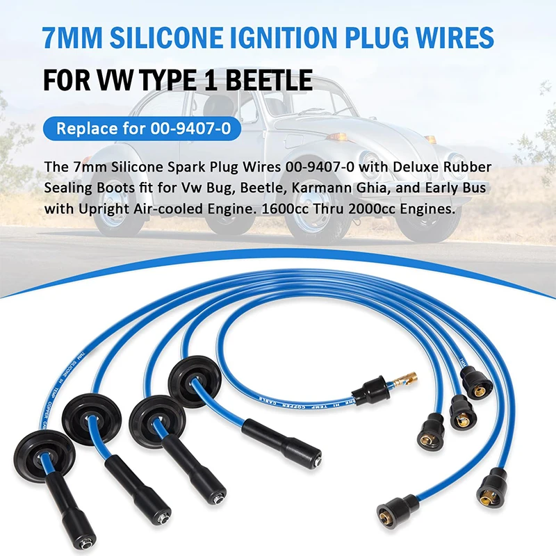 9407 Blue 7mm Silicone Ignition Plug Wires for VW Type 1, Compatible with Dune Buggy, fit for Vw Bug, Beetle, Karmann GHIA