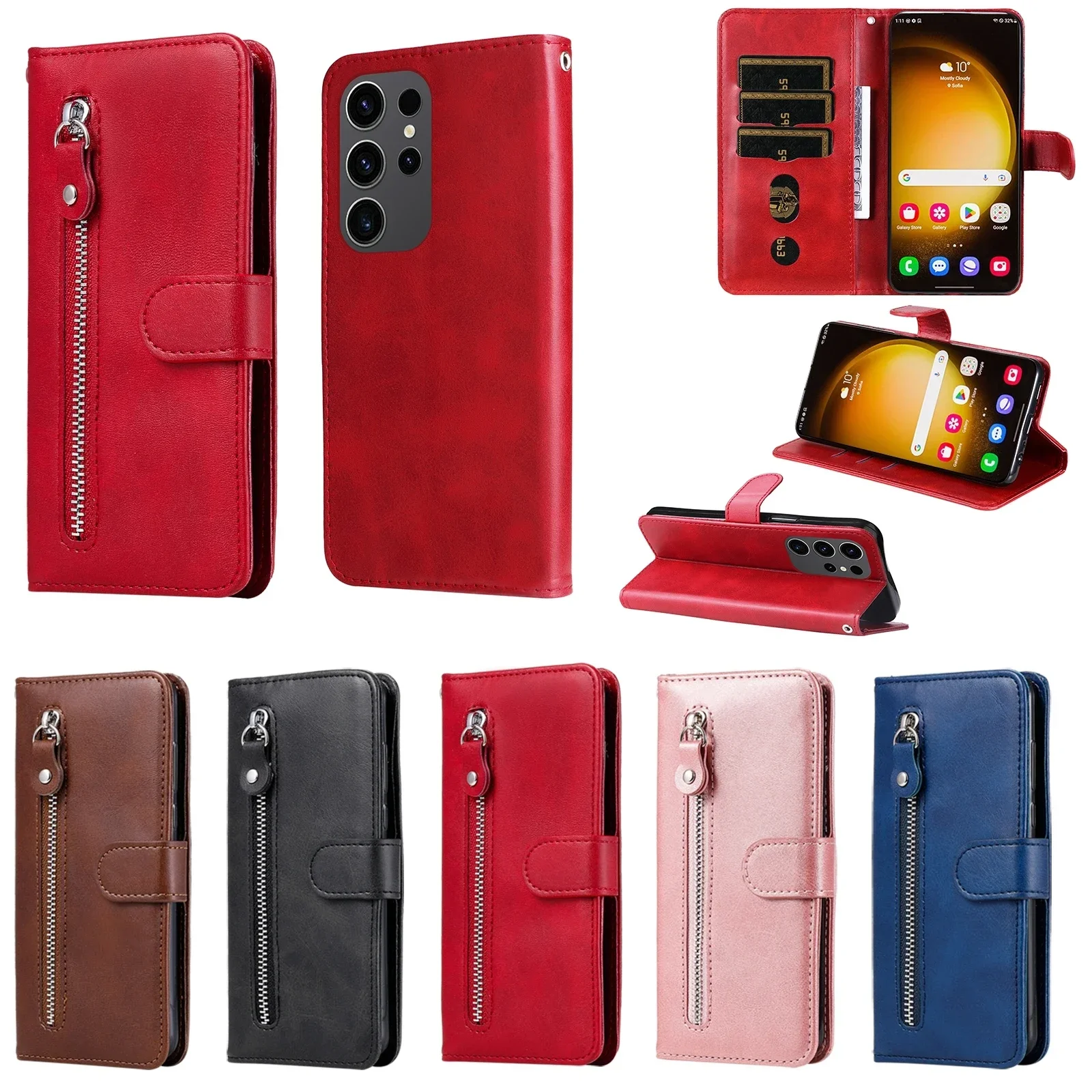 Leather Zipper Flip Wallet Case for Samsung Galaxy S24 S23 FE A05 A05S A14 A15 A23 A24 A33 A34 A53 A54 A73 M54 M34 Phone Cover