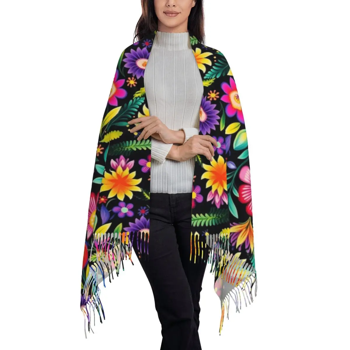 Custom Printed Colourful Flowers Mexican Floral Scarf Women Men Winter Warm Scarves Shawls Wraps