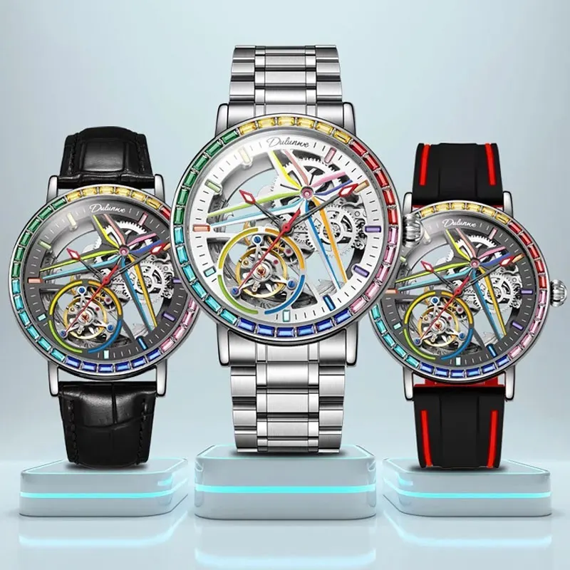 DULUNWE New Men's Top Brand Watch 3ATM All Steel Waterproof Automatic Mechanical Skeleton Design Tourbillon Luminous Men's Watch