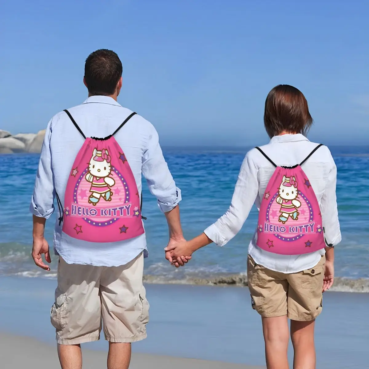 사용자 정의 헬로 키티 고양이 스케이트 디자인 Drawstring 배낭 스포츠 체육관 가방 남성 여성 Kawaii 새끼 고양이 훈련 Sackpack