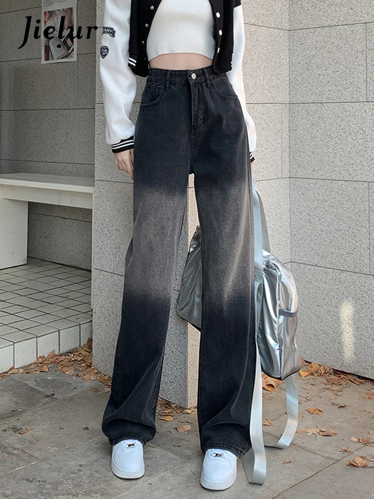 

Jielur Black Gradient Straight Wide Leg Jeans Women Autumn Winter Fashion New Street Cool High Waist Jeans Female Loose S-XL