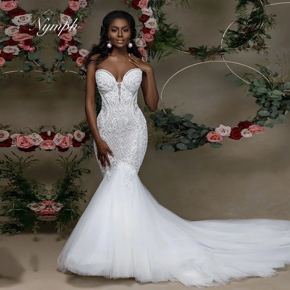 

Strapless Mermaid Wedding Dress2025 Luxury Crystals Pearls Ivory Puffy Tulle Women Party Bridal Gowns Female Clothing Customized