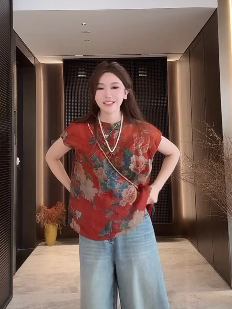 

Xin Summer Chinese National Sle Flax Print Luxury round Ne ort Sve T-irt Women's Top Bai Xue Recommendation Yue Cheng