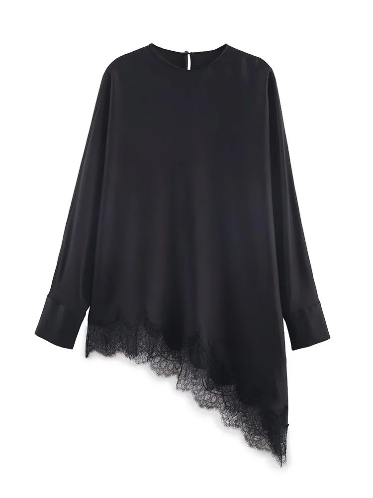 Hh moda feminina retro versátil tripulação pescoço assimétrico bainha renda pulôver camisa feminina simples temperamento manga longa topo mujer