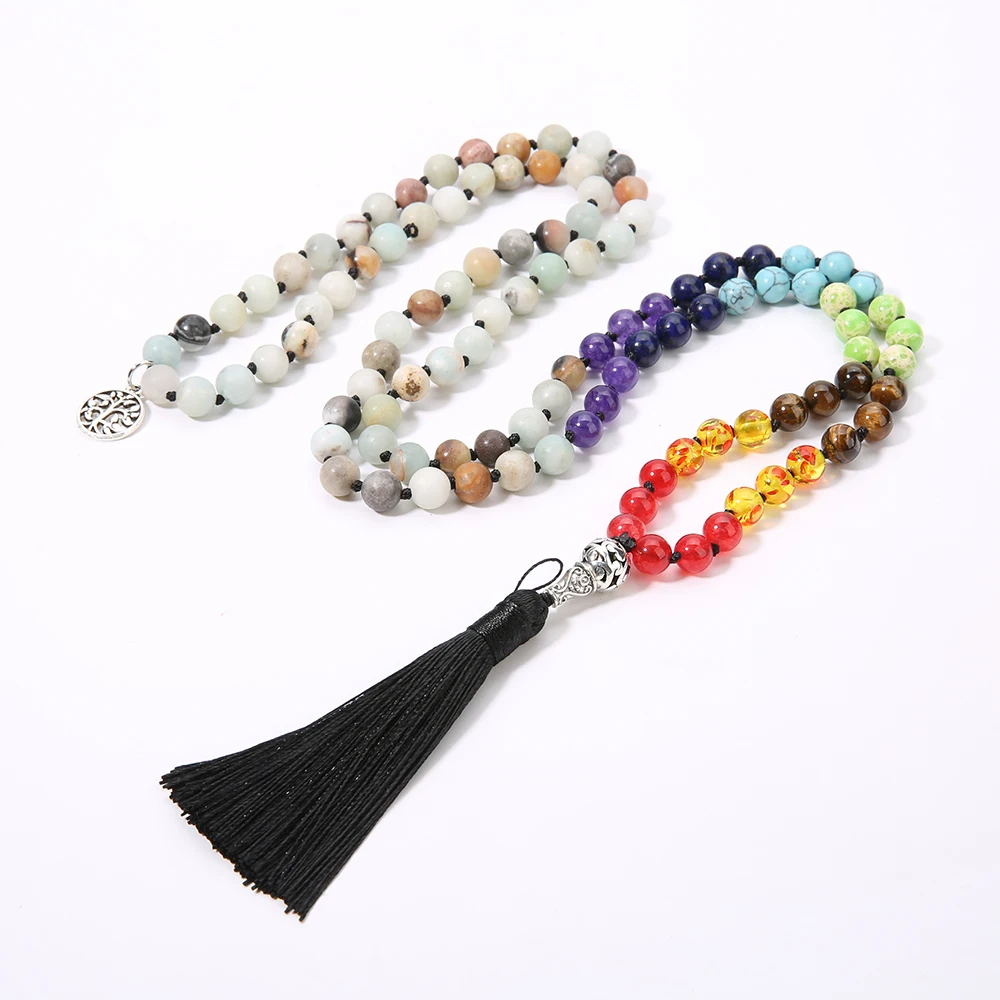 

OAIITE Frosted Amazoni Necklace 7 Chakra Balance Reiki Energy Stone 108 Japamala Beads Prayer Necklace for Men Women Jewelry