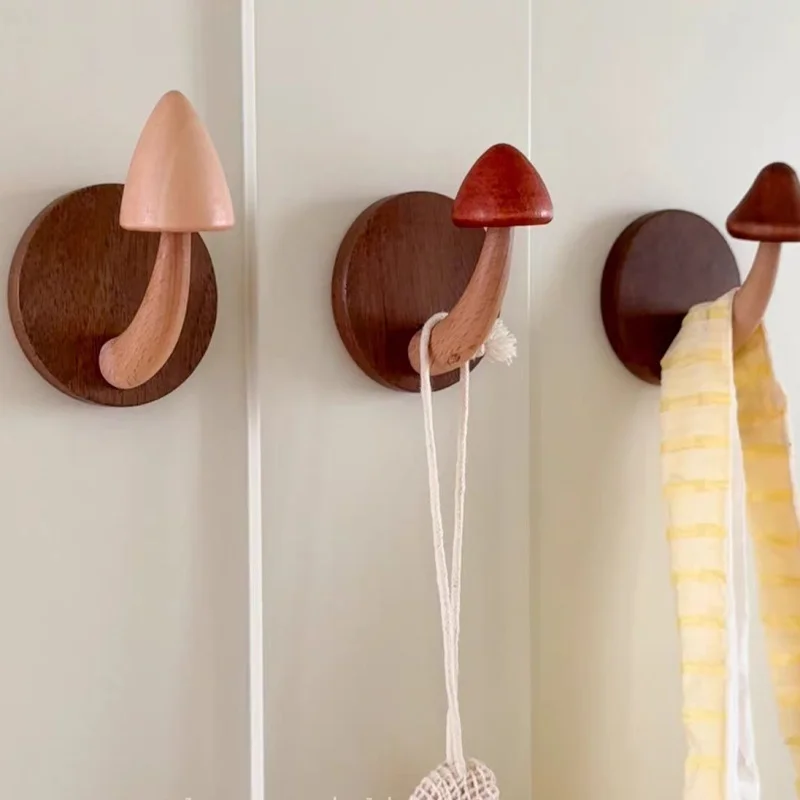 Drilling/No Drilling Wooden Wall Mounted Hooks Mushroom Decor Jewelry Hat Coat Clothes Hanger Storage Rack Behind Door Hooks