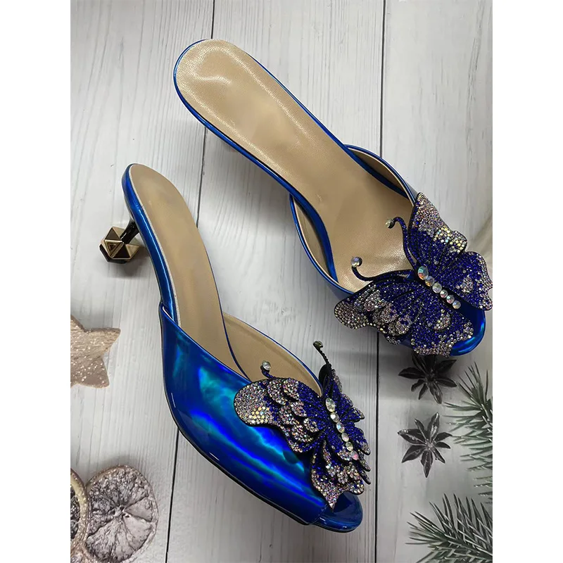 2024 Summer Butterfly   Crystal Sandals Leather Plus Peep Spout Women Metal Trim Heel Sandals  Big Size