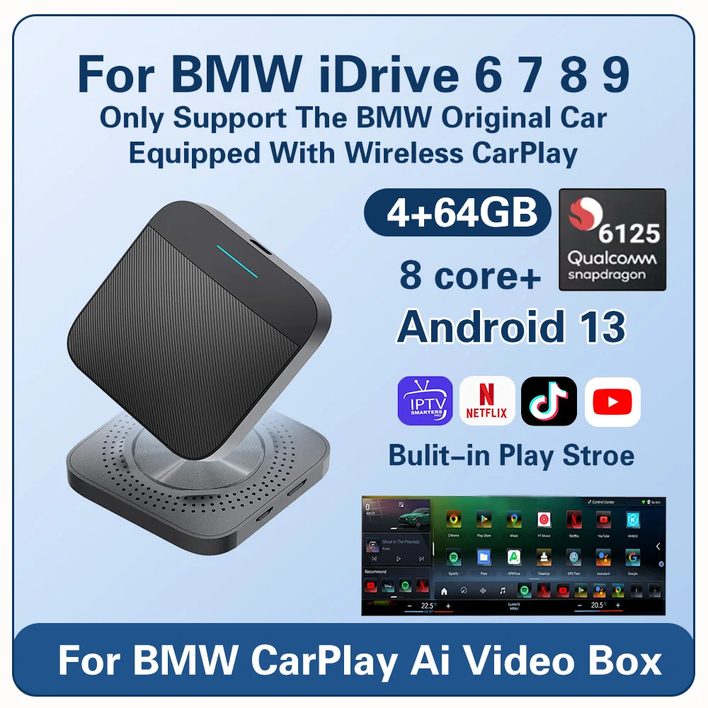 for BMW 4+64GB Android 13 AI Box Wireless Connection Adapter for MINI ID6 ID7 ID8 ID8.5 ID9, 4G LTE WiFi Bluetooth Video Streami