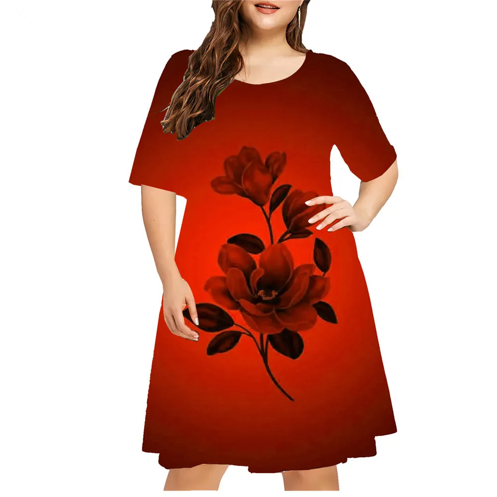 Women's Summer Dresses Large Size Flower 3D Printed Short Sleeve Dress Casual Gradient Pullover Ladies Plus Size Clothes 5XL 6XL