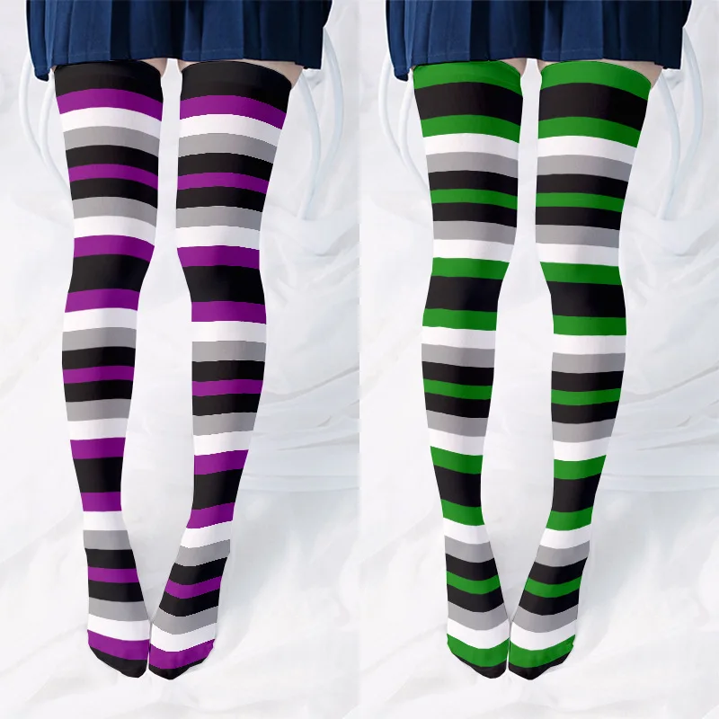 Rainbow Print Silk Stockings Thin Women's Spring and Autumn Japanese Lolita Cute Anime Knee Long White Socks