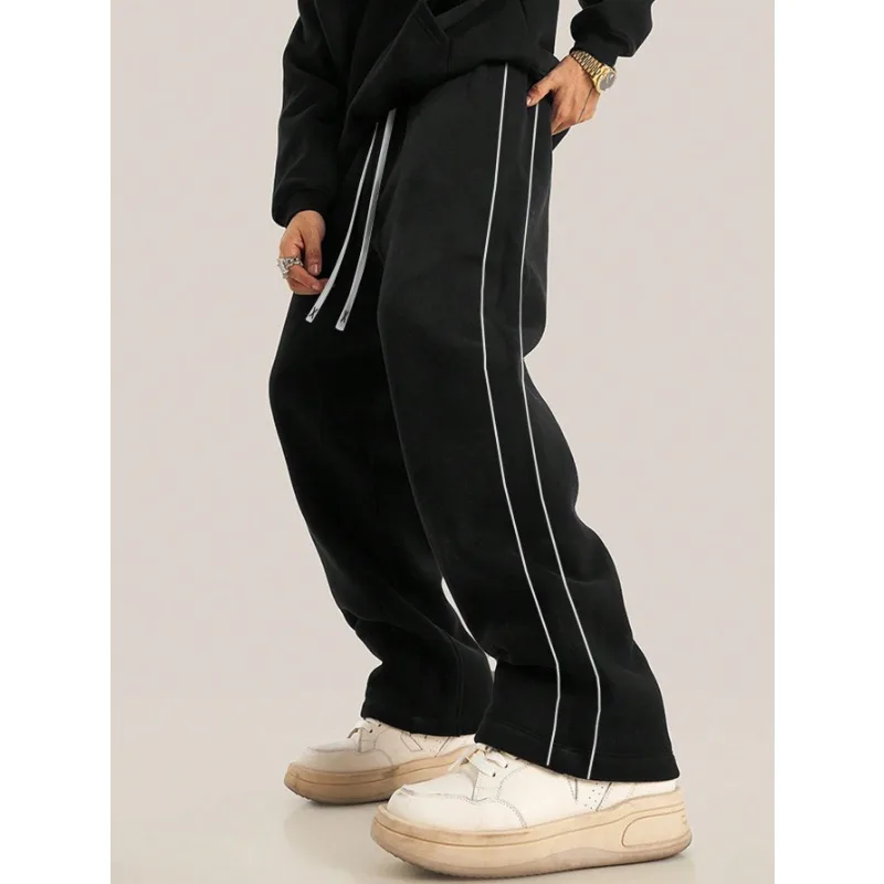 

Spring and Autumn Men's Comfortable Sports Versatile Striped Casual Elastic High Waist Pocket Straight Loose Trousers