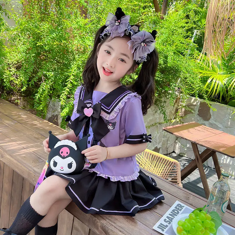 Girls Kuromi Jk Uniform Suit Kawaii Sanrioed Kids Short Sleeve Shirt Pleated Skirt Two Piece Set Summer Fashion Preppy Suit Gift