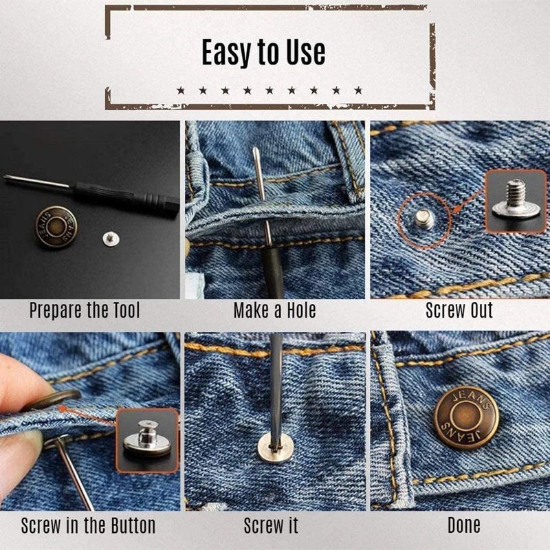 10PCS Jeans Buttons Replacement 17mm No Sewing Metal Button Repair Kit Nailless Removable Jean Buttons Set Sewing Accessories