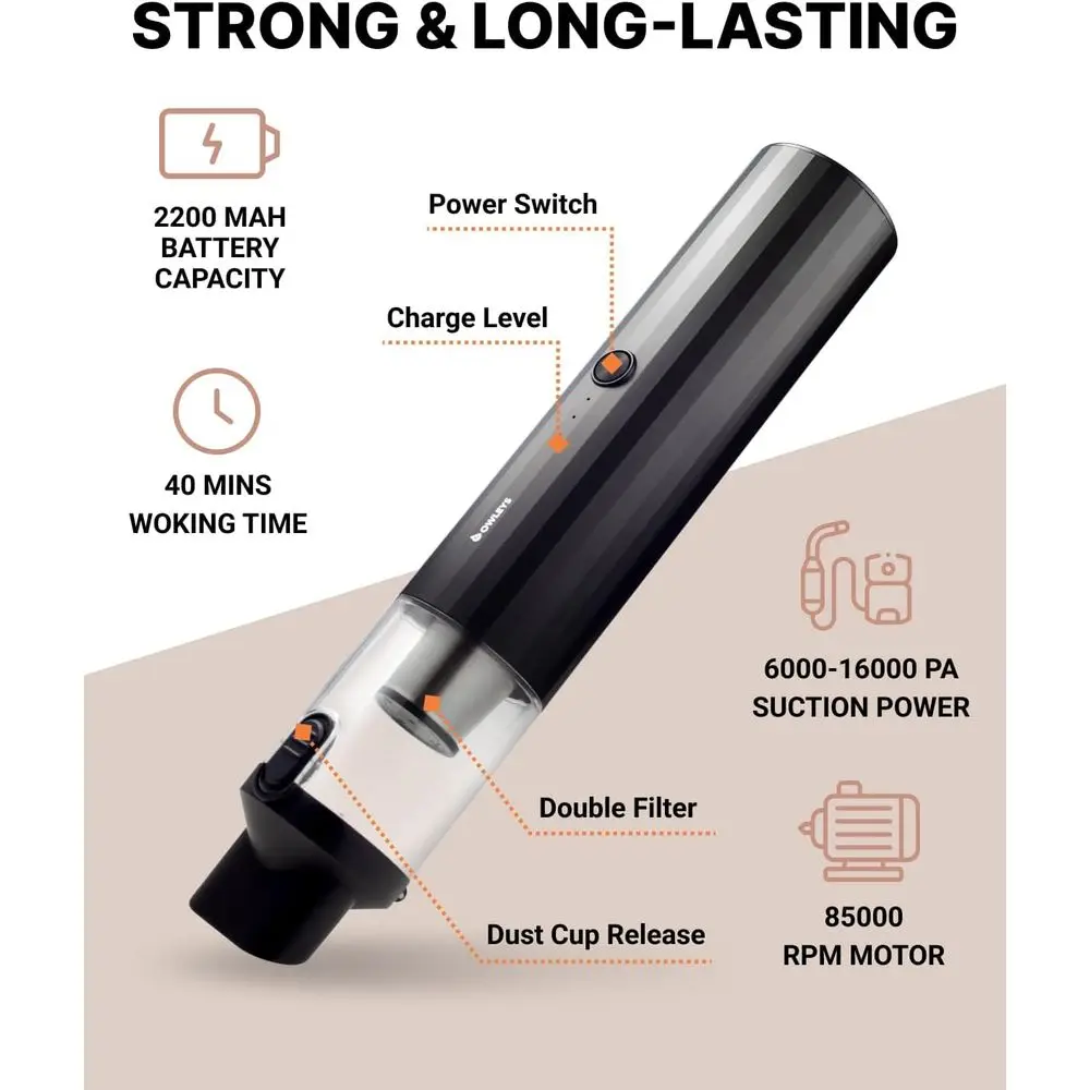 مكنسة كهربائية محمولة للسيارة باللون الأسود الصلب