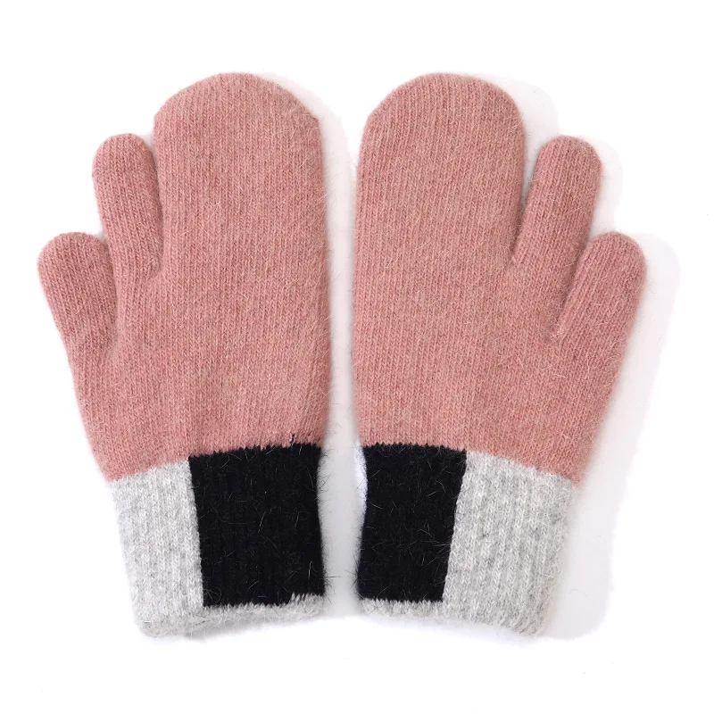 Color Blocked Rabbit Fur Knitted Adult Three Finger Gloves Soft Comfortable Thickened Cold Proof Suitable For Outdoor Cycling