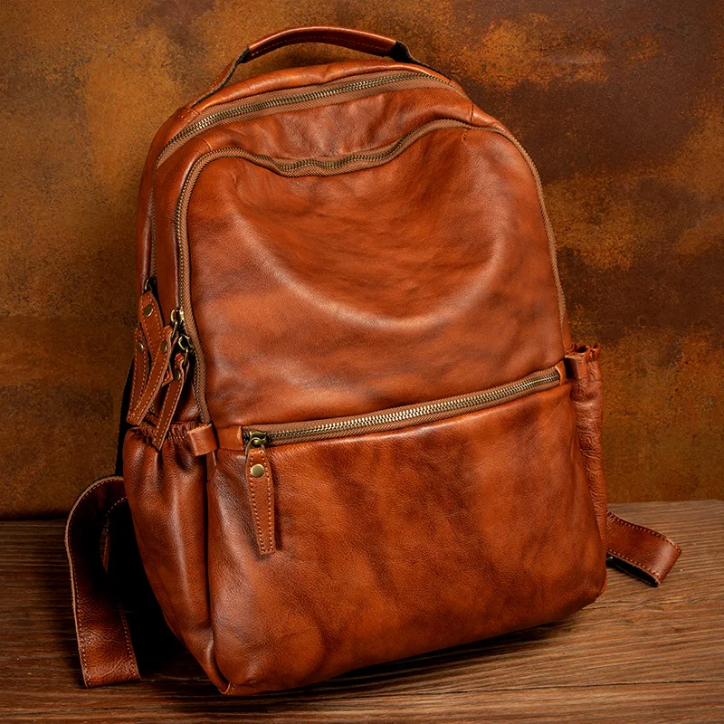 Retro Hand-Rub Color Genuine Leather Men\'s Backpack Casual Laptop Bag Vegetable Tanning Leather Travel Backpacks Men Schoolbag