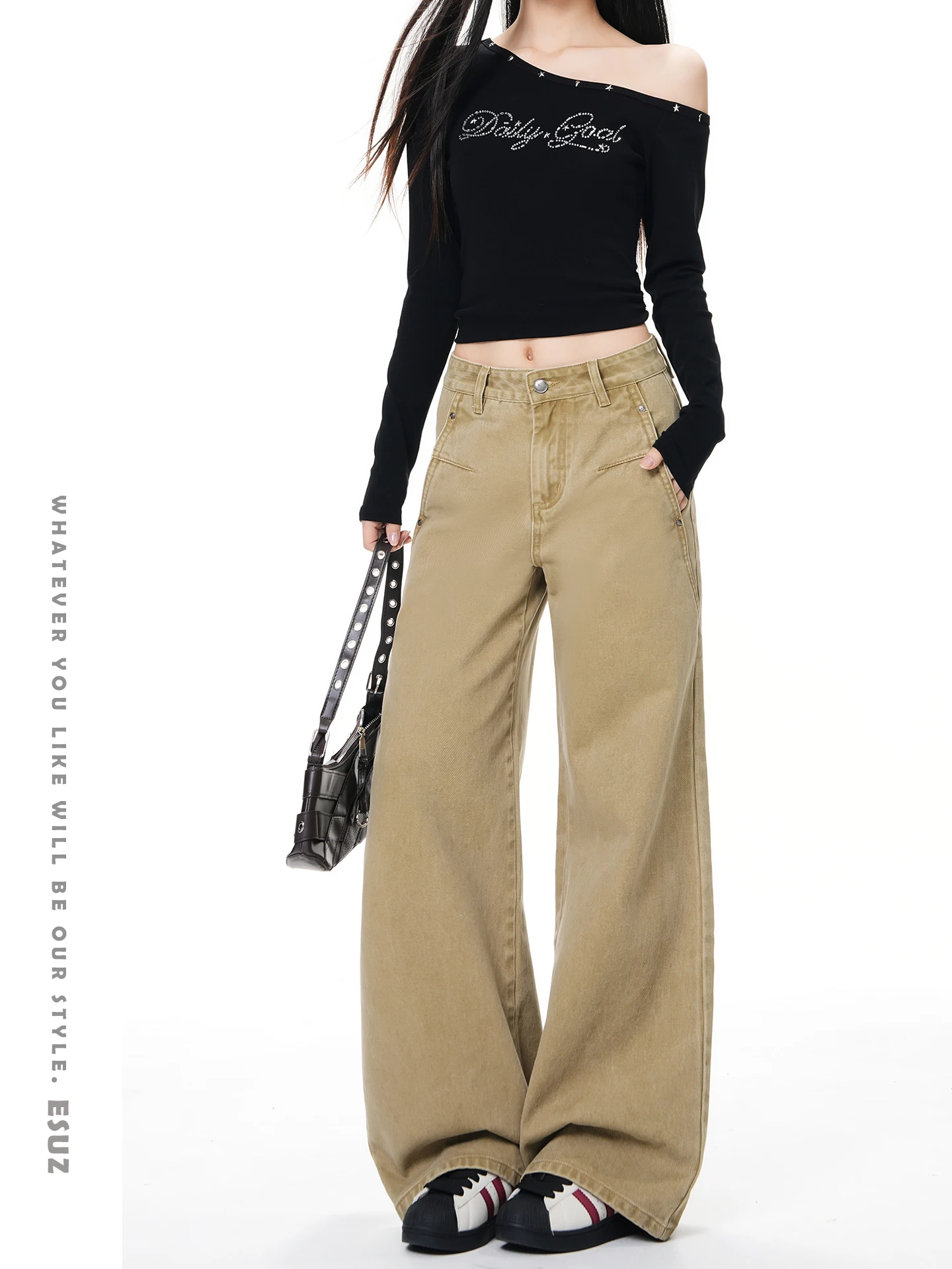 

High Waist Loose Fit Khaki Workwear Jeans Women's Spring New American Style Small Size High Waist Wide Leg Cotton Denim