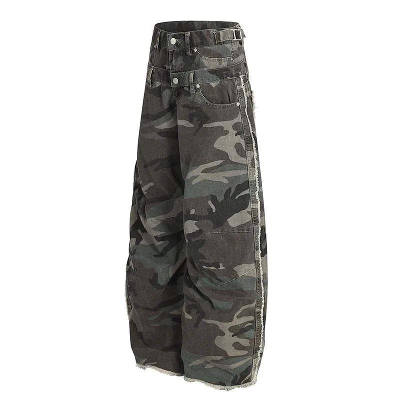 Men's Fashion Camouflage Cargo Jeans Pants High Streetwear Loose Fit Vibe Style Y2K Denim Trousers Double Waist Hip Hop Jeans