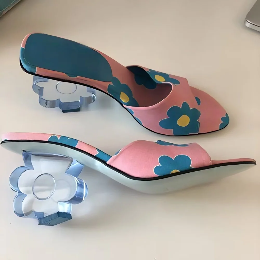 Retro Style Pink Floral Print Mule Sandals Playful Daisy Pattern Clear Acrylic Flower Heel Round Toe Design Summer Casual Daily