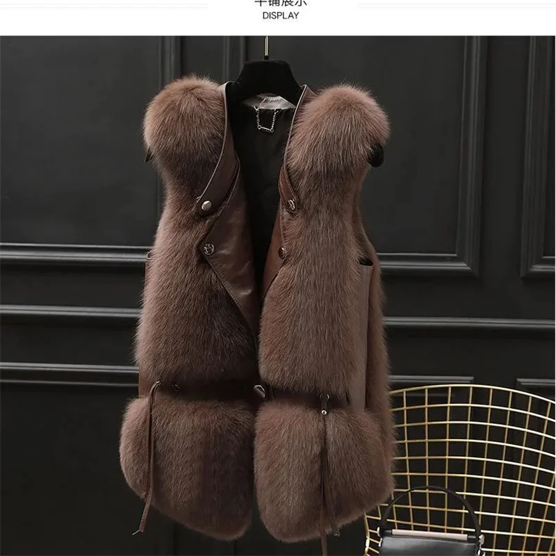 2023 Women Autumn Winter New Imitation Fox Fur Vest  Jacket Female Mid-Length Black Vest Women Grace Fashion Young Coat A1113