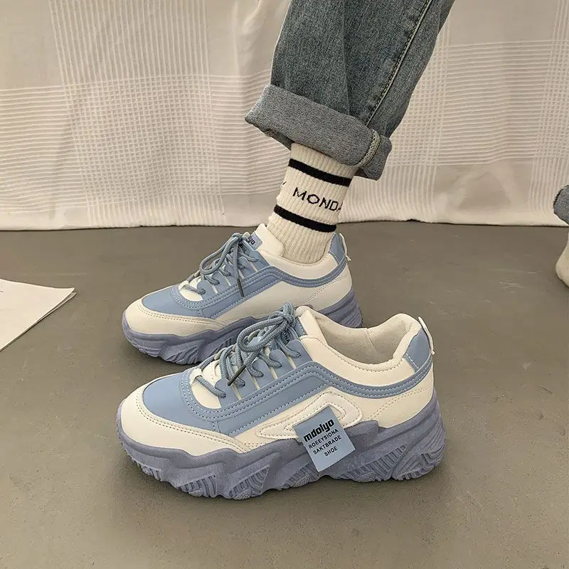 Spring Elevator Chunky Shoes Women's Vulcanized Sneakers Platform Shoes Girl Wedge Leather Sneakers Woman Height Increased Shoes