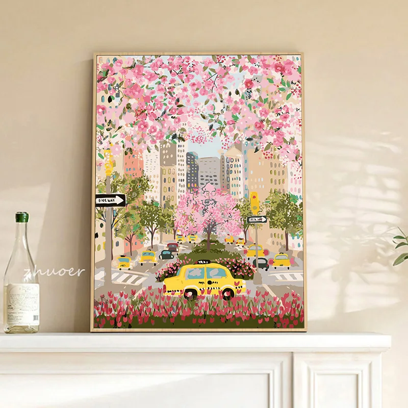 DIY Paint By Numbers Pink Spring Street View Digital Oil Painting for Adult and Kids