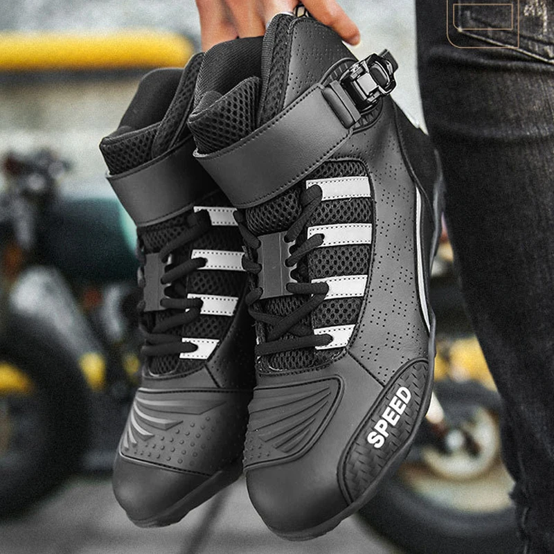 

Motorcycle Boots Men Night Reflective Moto Biker Ankle Boots Non-Slip Spring Summer Microfiber+Rubber Motorcyclist Shoes Riding