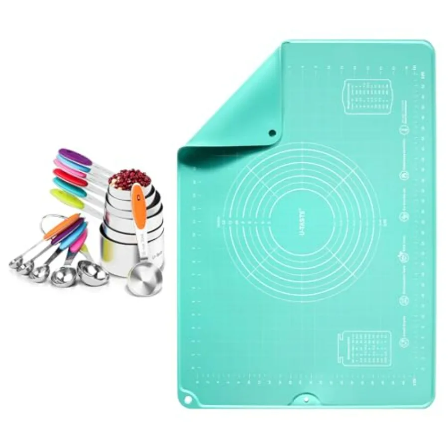

18/8 Stainless Steel Measuring Cups and Spoons (Set of 12, Multicolor), and 20inx28in Large Silicone Pastry Mat Food-Grade Non-S