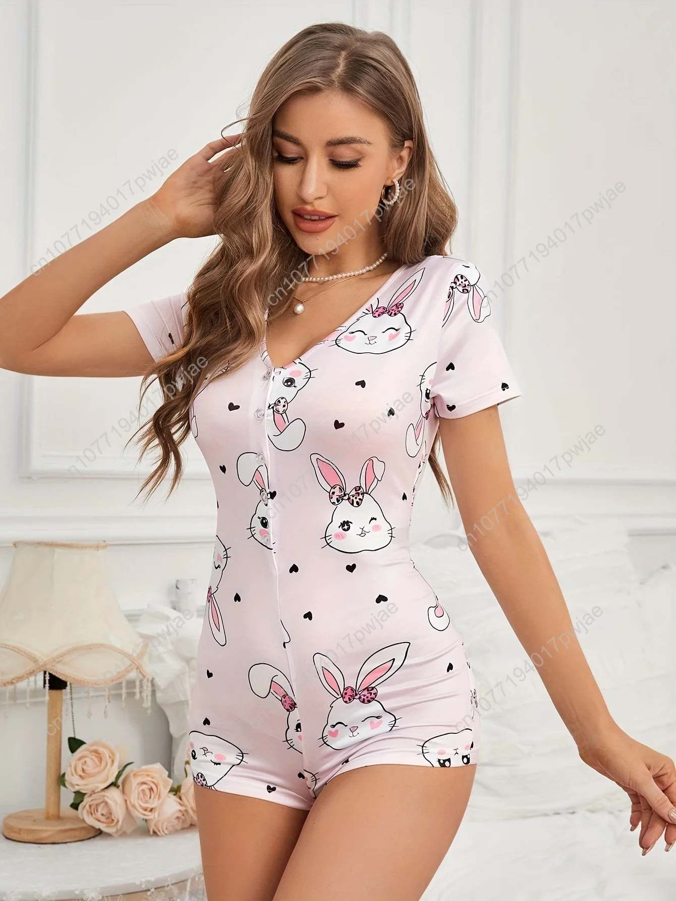 Primavera/verão adulto casual com decote em V malha tecido macacão com estampa animal, poliéster, detalhes de botão, design de coelho