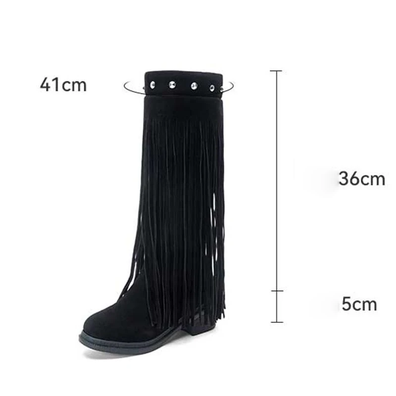 SIMLOVEYO Red New Women's Knee High Boots Round Toe 5cm Thick Heel Fringe Rivets Slip On Plus Size 41 42 43 Fashion Dating Botas