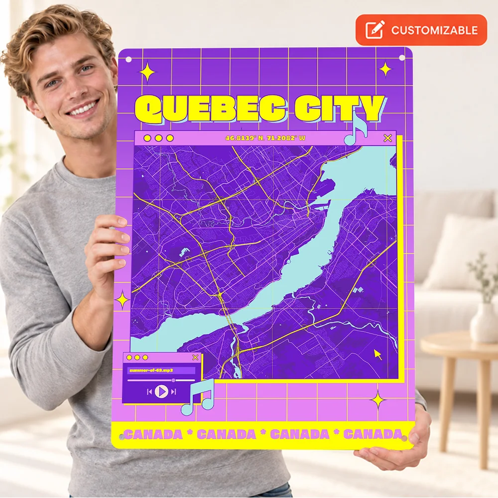 Quebec City Purple Grid Map Printed Poster Personalized Aluminum Metal Sign Retro Graphic Wall Art For Entryway, Traveler Gift