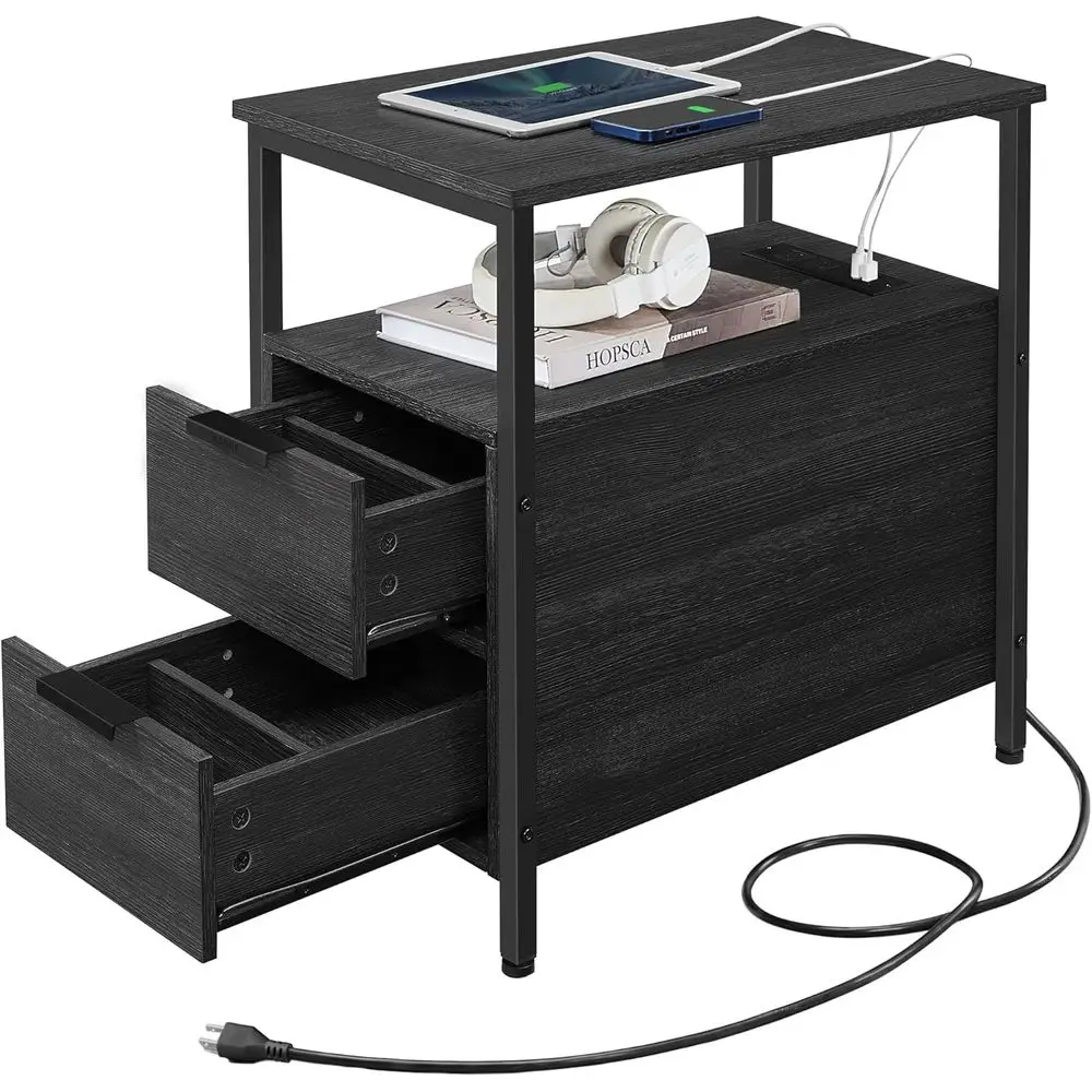 

Side End Table with Charging Station, Slim Nightstand with 2 Drawers, Narrow Bedside Table or Living Room, Small Spaces, Charcoa