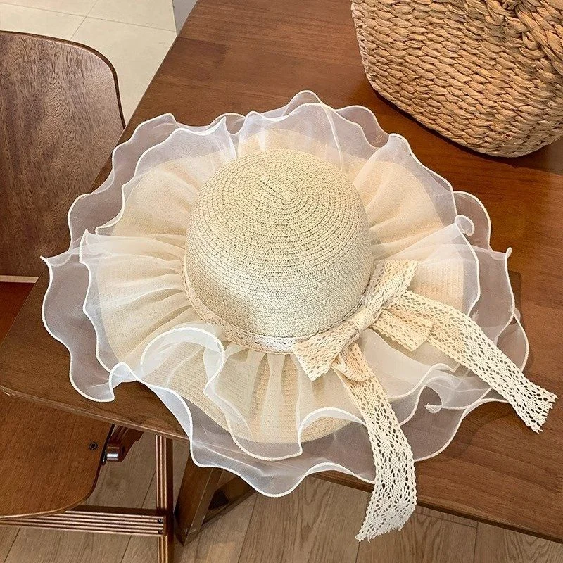 새로운 프랑스어 레이스 보우 밀짚 모자 여성 여름 바이저 태양 모자 해변 해변 휴가 태양 모자 Sombrero Playa Mujer